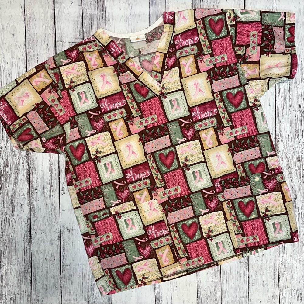 Peaches Uniforms Red Beige and Brown Patchwork Medical Scrub Top